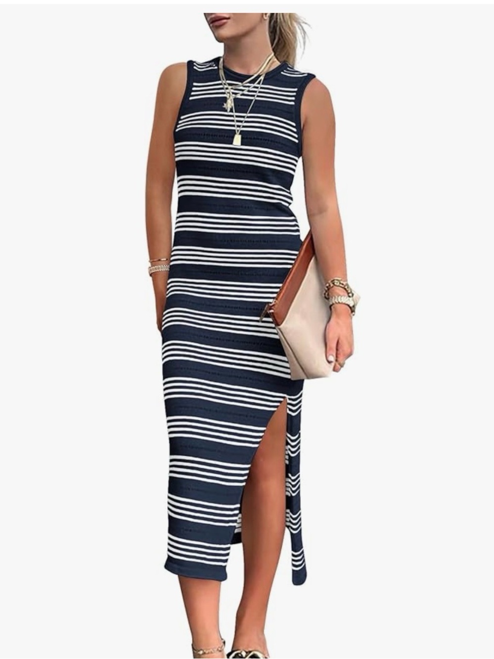 Striped Navy & White Sleeveless Midi Dress with Side Slit